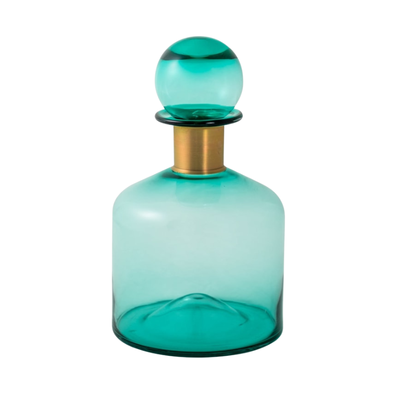 Large Teal Glass Apothecary Bottle with Brass Neck