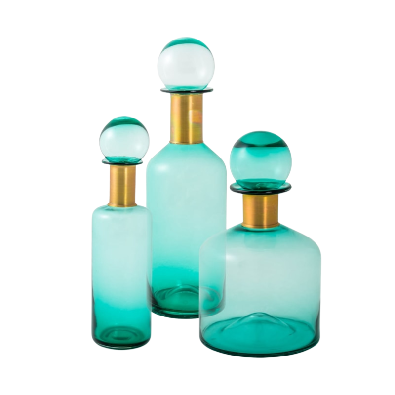 Large Teal Glass Apothecary Bottle with Brass Neck