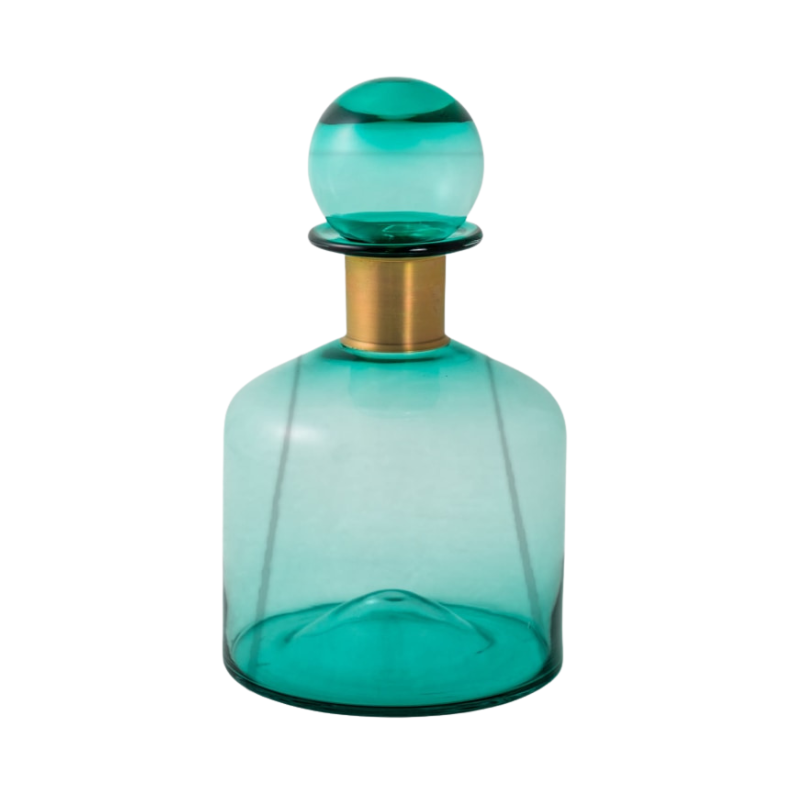 Large Teal Glass Apothecary Bottle with Brass Neck