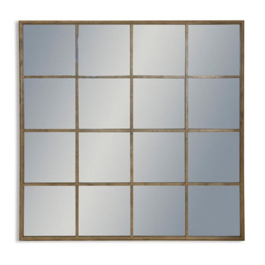 Large Antiqued Gold Square Metal Window Mirror - 110 x 110 cm