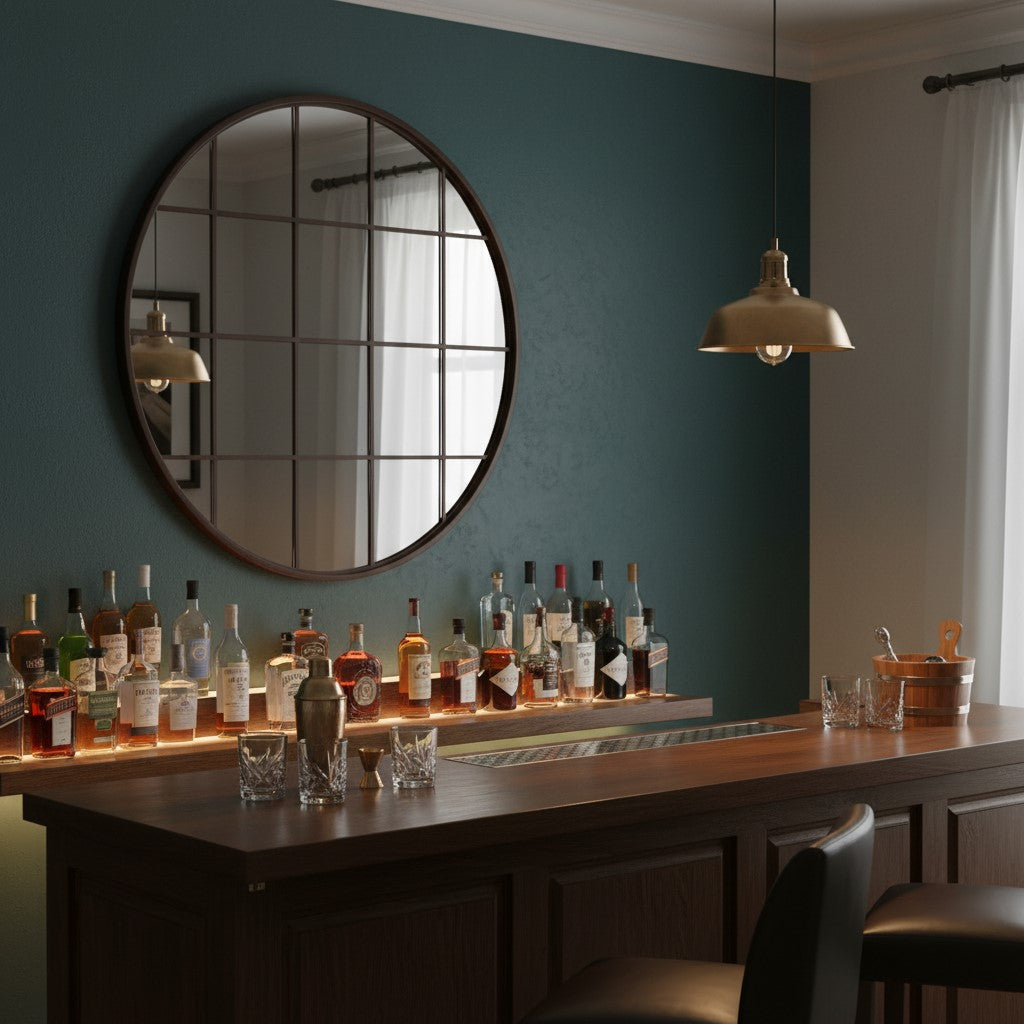 Large Antiqued Iron Round Metal Window Mirror