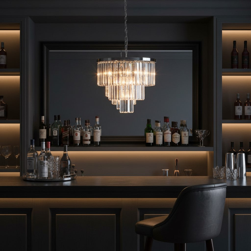 Large Chrome Prism Drop Round Cascade Chandelier