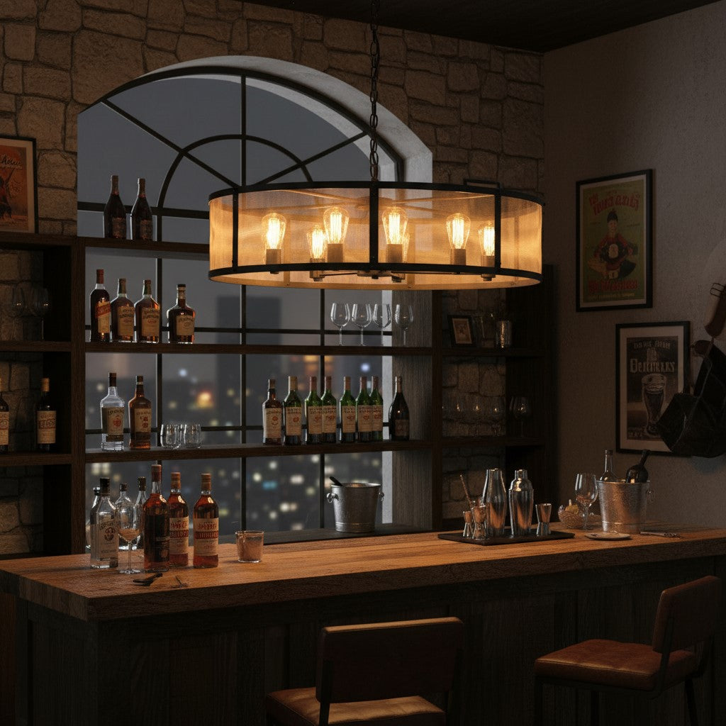 Large Round Black Iron Industrial Chandelier