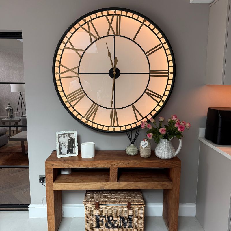 Large Black and Gold Back Lit Glass "Westminster" Wall Clock