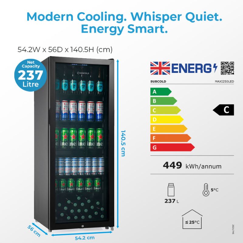 Maxi 250 Tall LED Drinks Fridge - Black