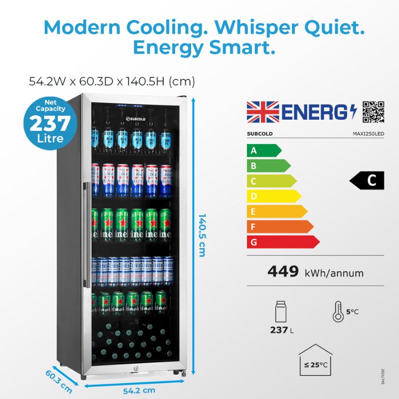 Maxi 250 Tall LED Drinks Fridge - Stainless Steel