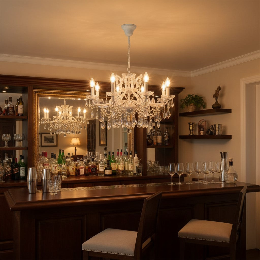 Medium 8 Branch Antique Crackle White Shallow Chandelier