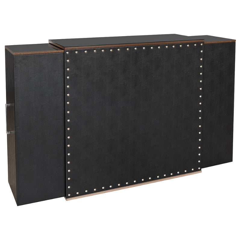 Noir Extending Home Bar Cabinet — closed, showing black upholstered front with chrome studs