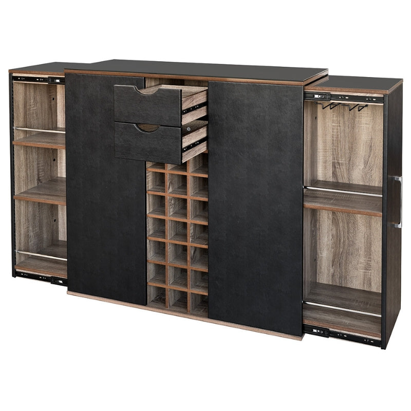 Noir Extending Home Bar Cabinet — fully open showing wine rack, drawers and shelving
