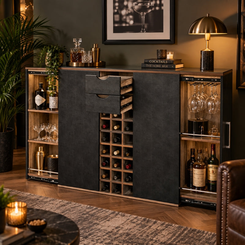 Noir Extending Home Bar Cabinet — lifestyle shot styled with spirits, glassware and cocktail accessories