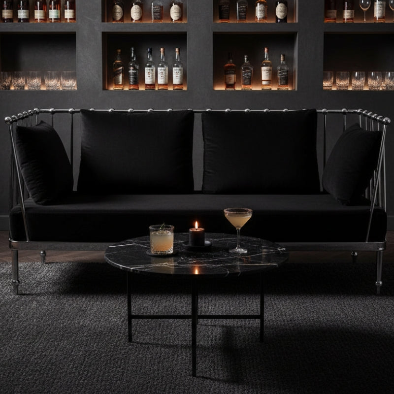 Novo Two-Seat Sofa – Black Velvet & Silver Steel