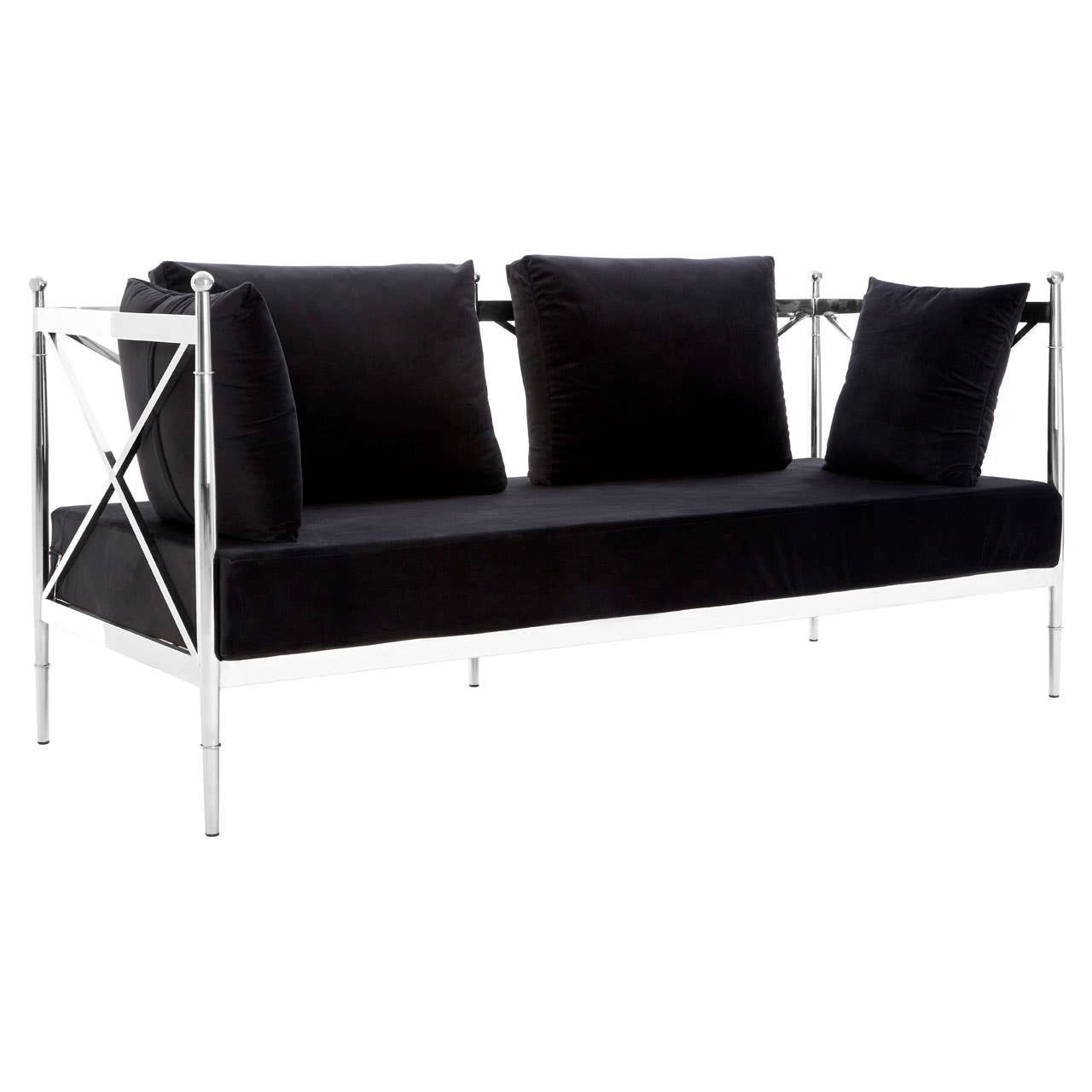 Novo Two-Seat Sofa – Black Velvet & Silver Steel