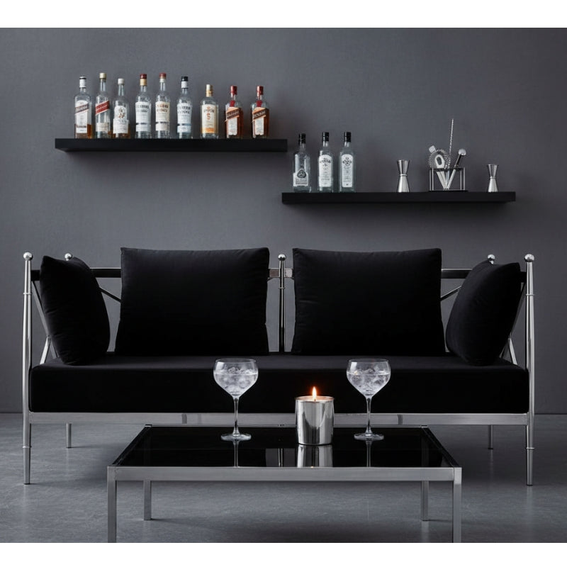 Novo Two-Seat Sofa – Black Velvet & Silver Steel