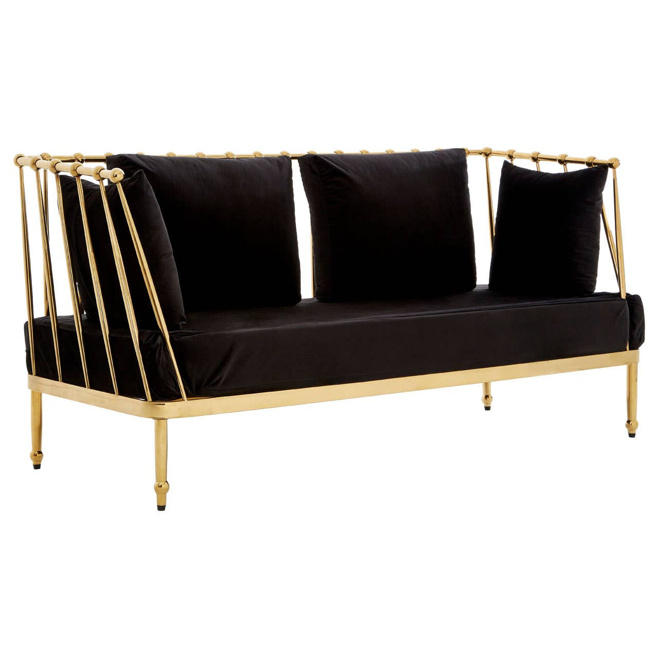 Novo Two-Seat Sofa – Black Velvet & Gold Steel