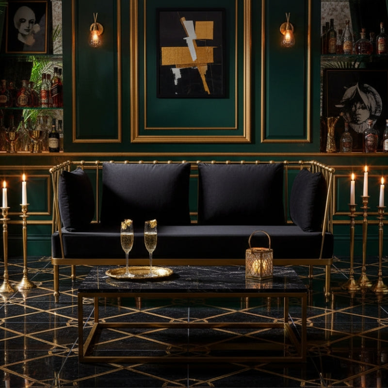 Novo Two-Seat Sofa – Black Velvet & Gold Steel