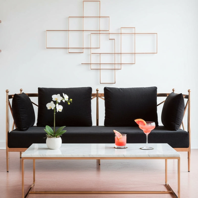 Novo Two-Seat Sofa – Black Velvet & Rose Gold Steel