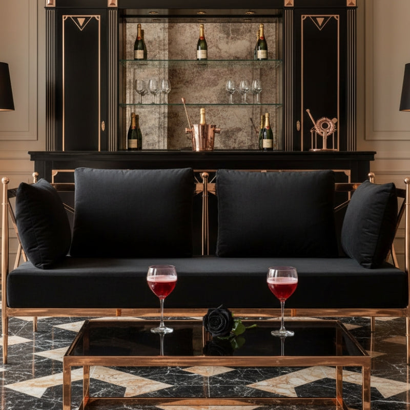 Novo Two-Seat Sofa – Black Velvet & Rose Gold Steel