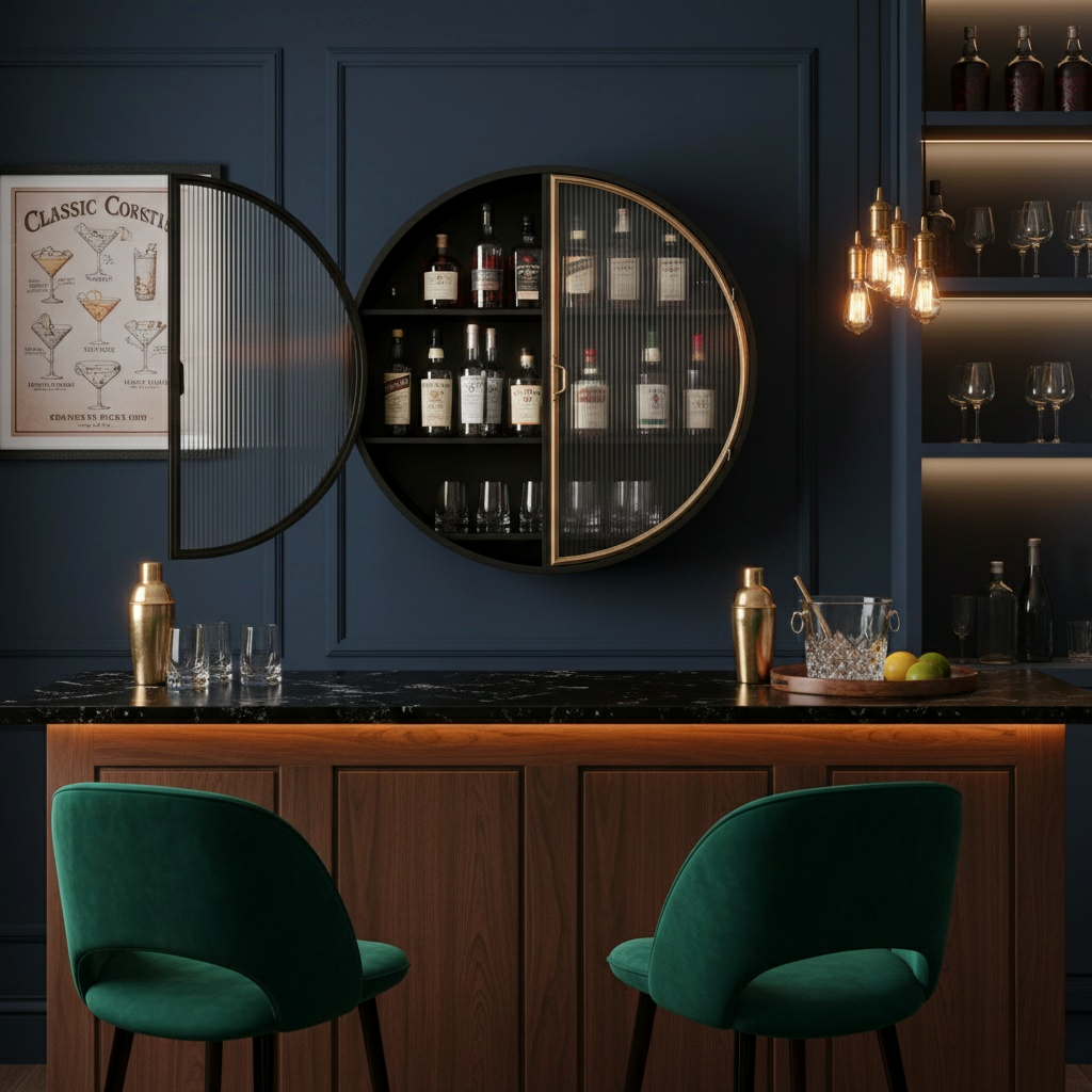 Black and Antique Gold "Orwell" Large Round Metal Wall Cabinet