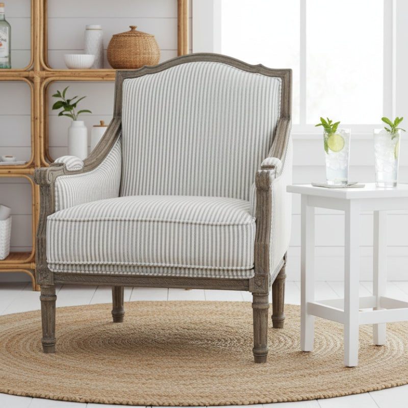 Pearson-Style Blue & White Pinstripe Occasional Wooden Armchair