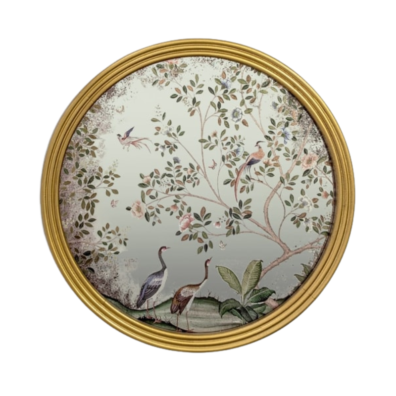 Round Gold-Framed Botanical Glass Wall Mirror