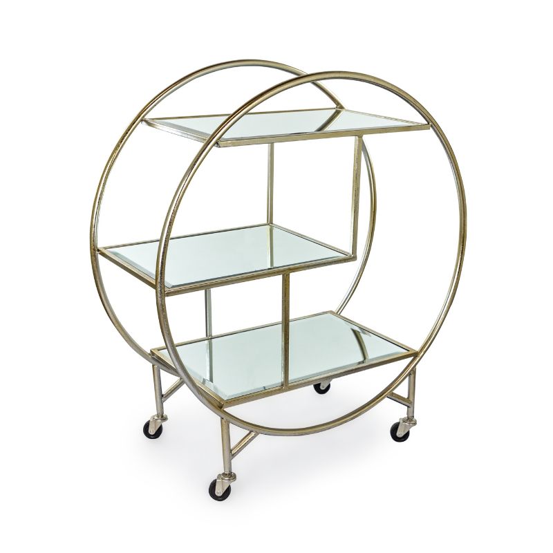 Round Silver/Champagne Mirror Drinks Trolley