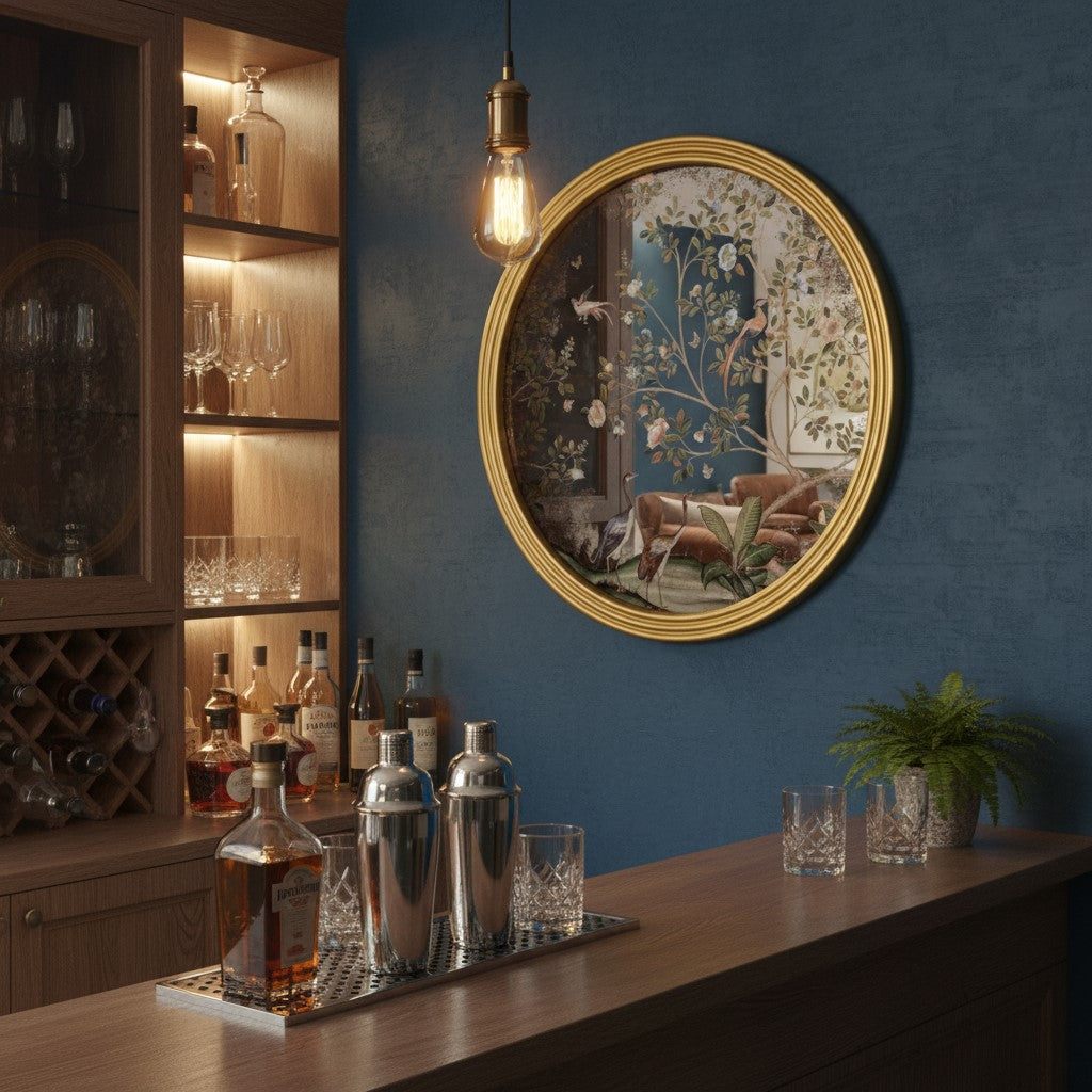 Round Gold-Framed Botanical Glass Wall Mirror