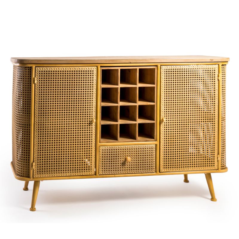 Rustic Metal Rattan and Wood Retro Sideboard Bar Unit