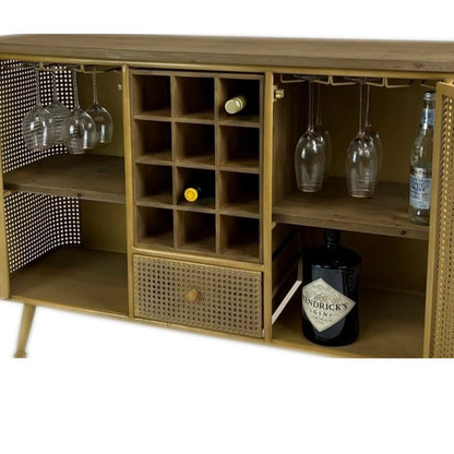 Rustic Metal Rattan and Wood Retro Sideboard Bar Unit