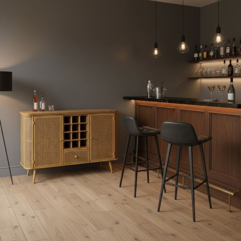 Rustic Metal Rattan and Wood Retro Sideboard Bar Unit