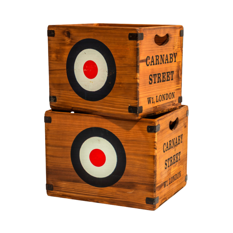 Set of 2 Antiqued Wooden "Carnaby Street" LP Record Storage Boxes