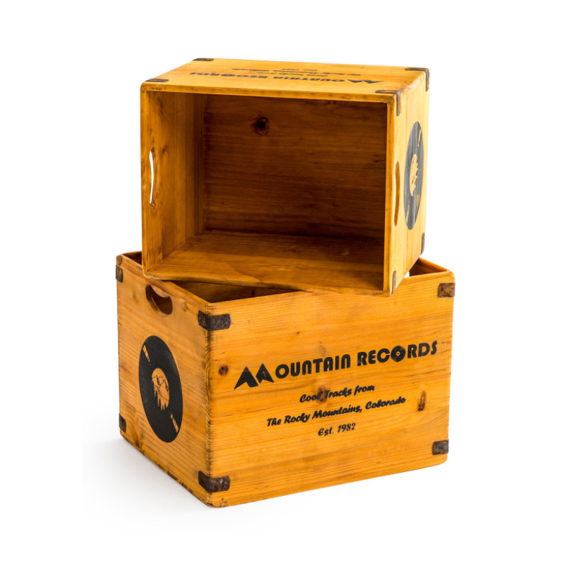 Set of 2 Antiqued Wooden "Mountain Records" LP Record Storage Boxes
