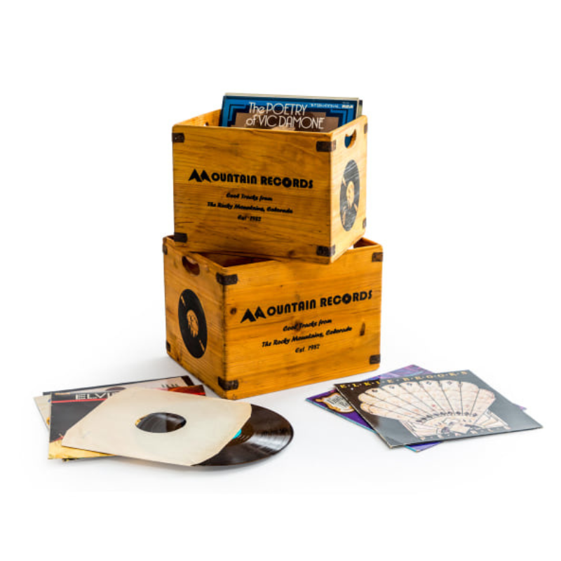 Set of 2 Antiqued Wooden "Mountain Records" LP Record Storage Boxes