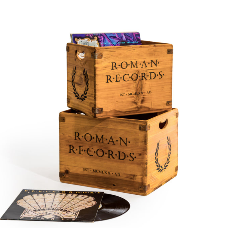 Set of 2 Antiqued Wooden "Roman Records" LP Record Storage Boxes
