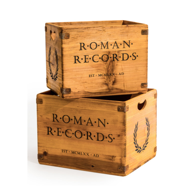 Set of 2 Antiqued Wooden "Roman Records" LP Record Storage Boxes