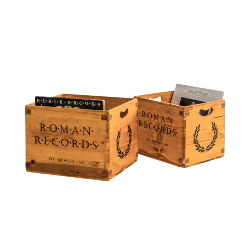 Set of 2 Antiqued Wooden "Roman Records" LP Record Storage Boxes