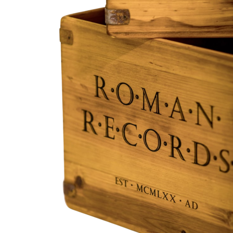 Set of 2 Antiqued Wooden "Roman Records" LP Record Storage Boxes