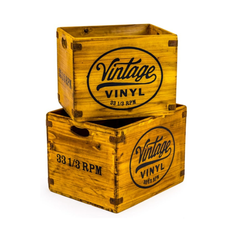 Set of 2 Antiqued Wooden "Vintage Vinyl" LP Record Storage Boxes