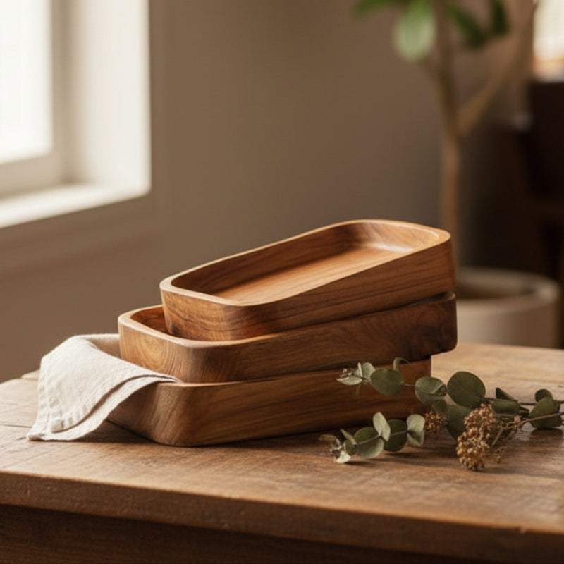 Set of 3 Rectangular Teak Platters
