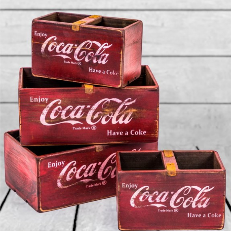 Set of 4 Antiqued Wooden Cola Storage Boxes