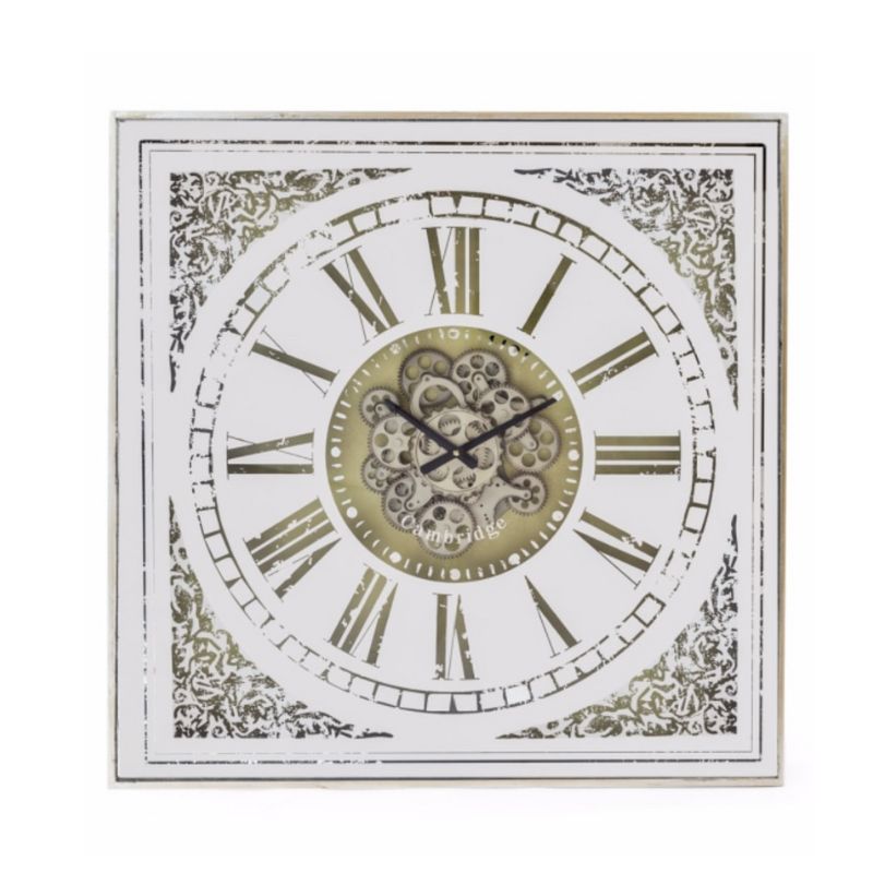 Square Antiqued Mirrored Face Moving Gears Clock