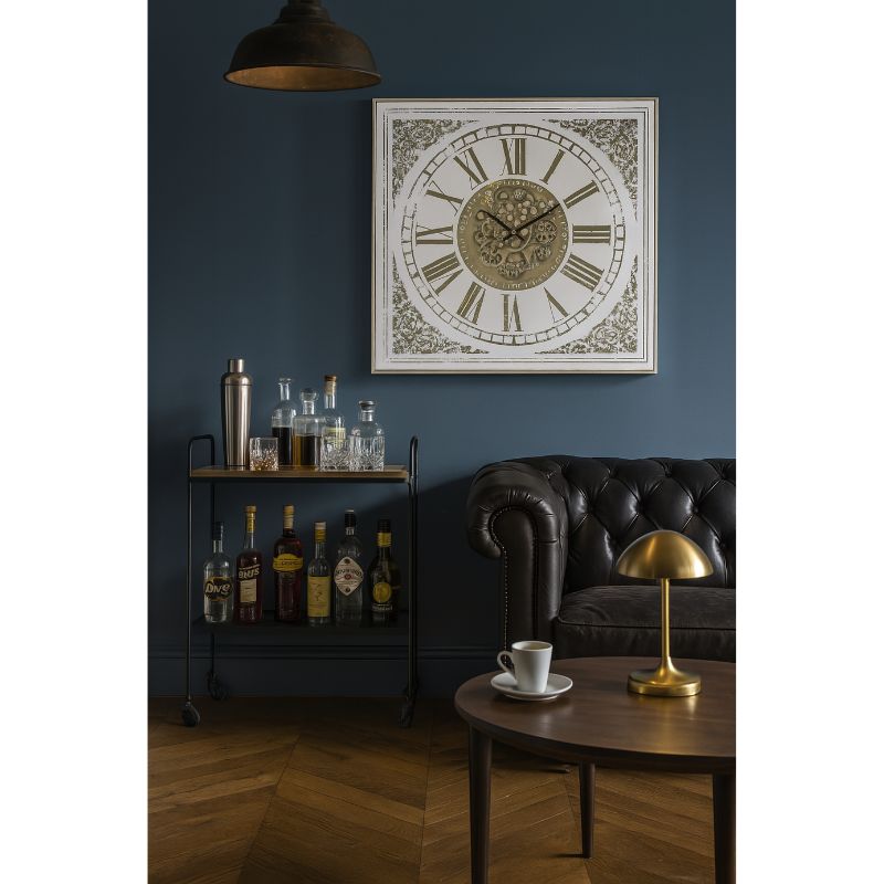 Square Antiqued Mirrored Face Moving Gears Clock