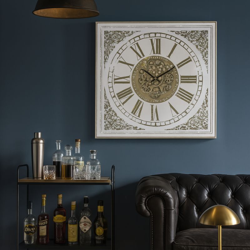 Square Antiqued Mirrored Face Moving Gears Clock