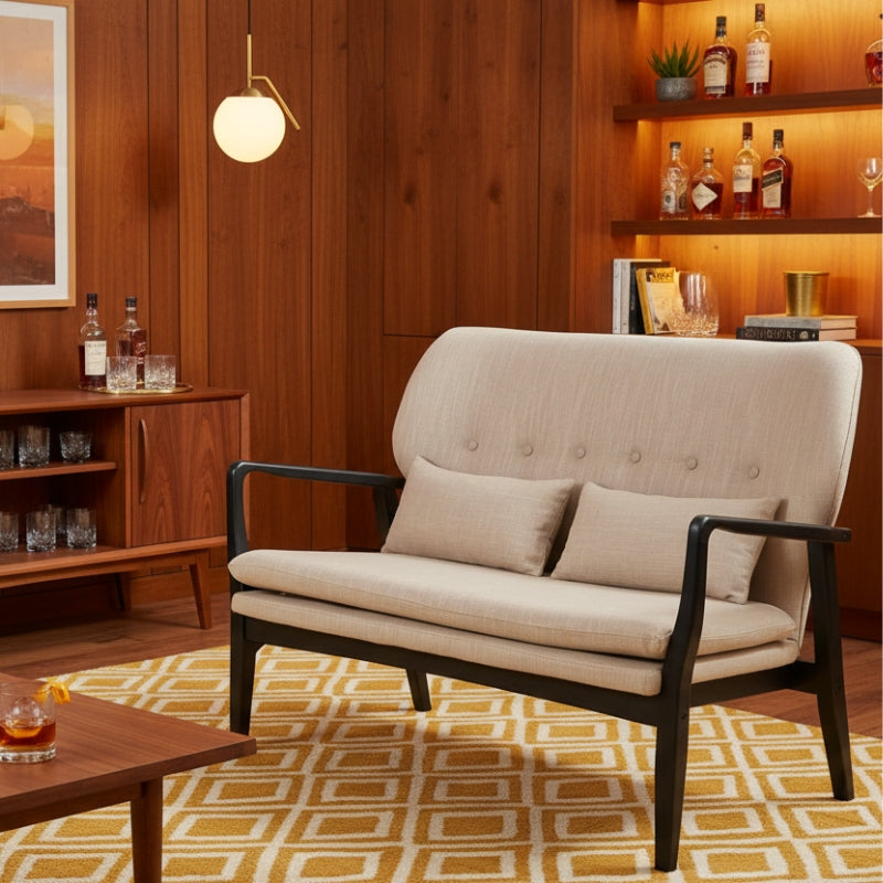 Stockholm Two-Seat Sofa – Beige Linen & Black Birchwood