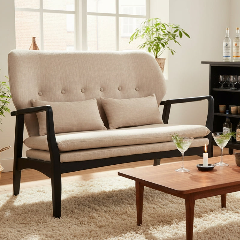 Stockholm Two-Seat Sofa – Beige Linen & Black Birchwood