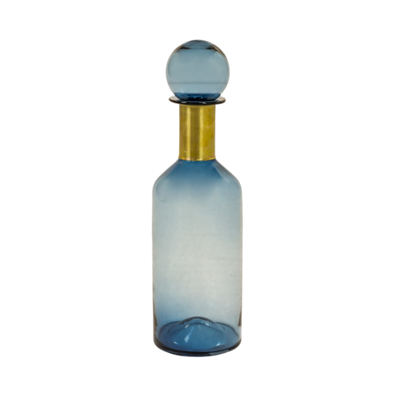 Tall Blue Glass Apothecary Bottle with Brass Neck