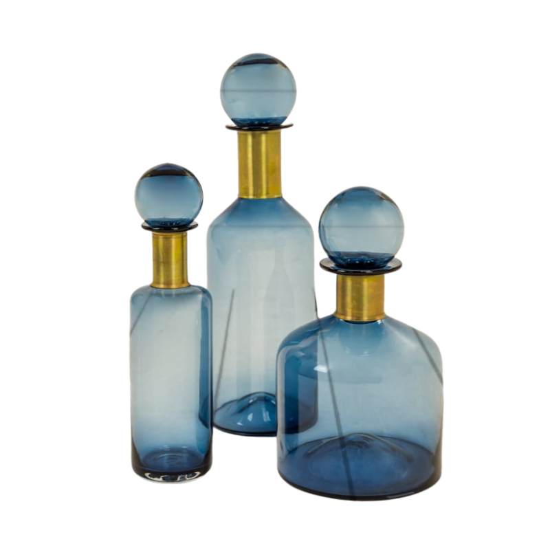 Tall Blue Glass Apothecary Bottle with Brass Neck