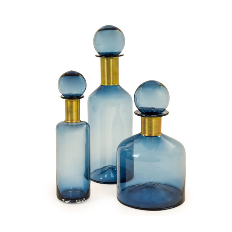Tall Blue Glass Apothecary Bottle with Brass Neck