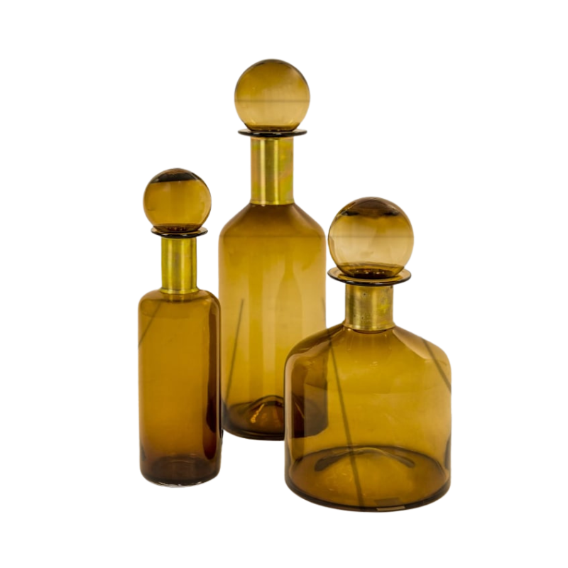 Tall Brown Glass Apothecary Bottle with Brass Neck