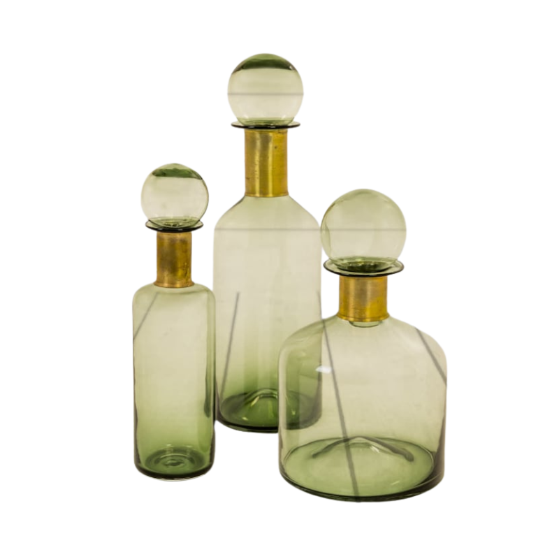 Tall Green Glass Apothecary Bottle with Brass Neck