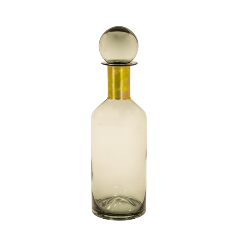 Tall Smoke Grey Glass Apothecary Bottle with Brass Neck